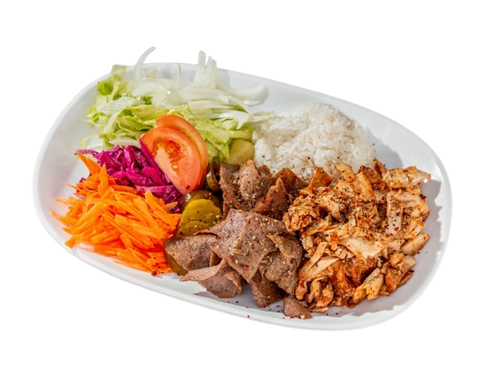 Kebab plate with rice, salad and meat